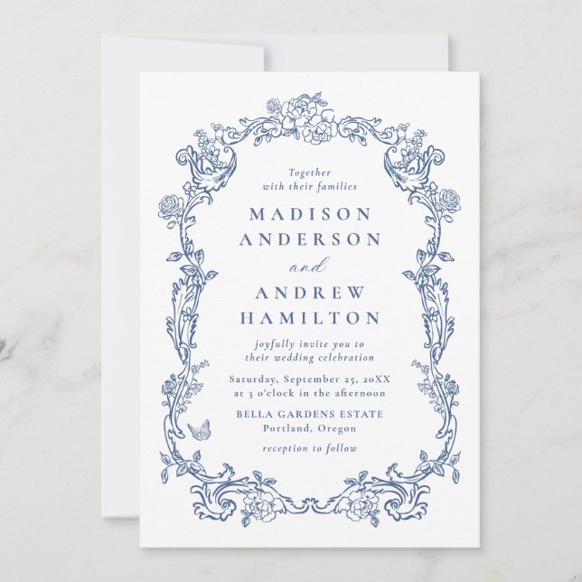 Elegant French Blue Victorian Floral Frame Wedding Einladung (Vorderseite)