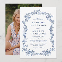 Elegant French Blue Victorian Floral Photo Wedding Einladung