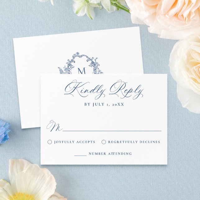 Elegant French Blue Victorian Floral Wedding RSVP Karte (Von Creator hochgeladen)
