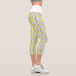 Elegant French Country Lemon Blue Botanical Capri Leggings