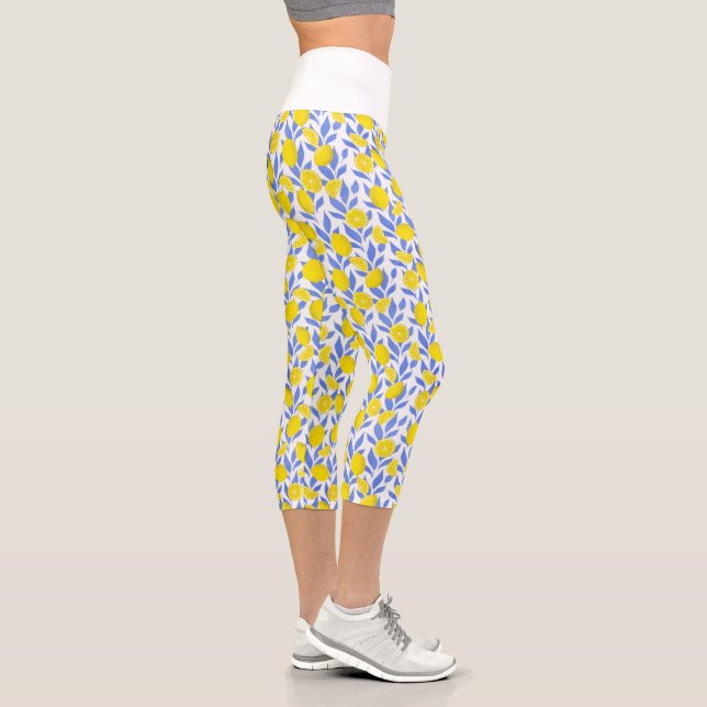 Elegant French Country Lemon Blue Botanical Capri Leggings (Rechts)
