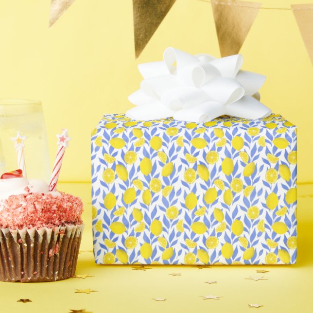 Elegant French Country Lemon Blue Botanical Geschenkpapier (Geburtstagsparty)
