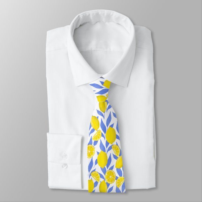 Elegant French Country Lemon Blue Botanical Krawatte (Gebunden)