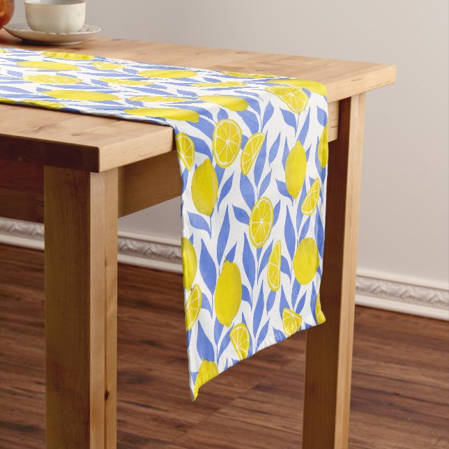 Elegant French Country Lemon Blue Botanical Kurzer Tischläufer (Beispiel)