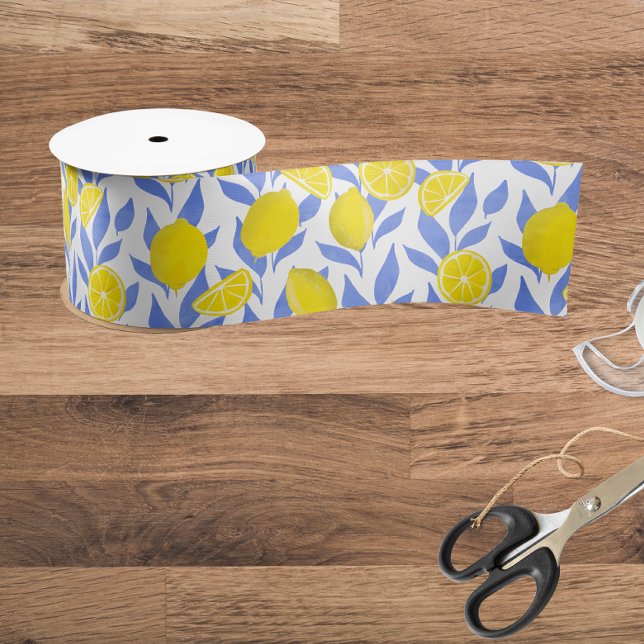 Elegant French Country Lemon Blue Botanical Satinband (Von Creator hochgeladen)