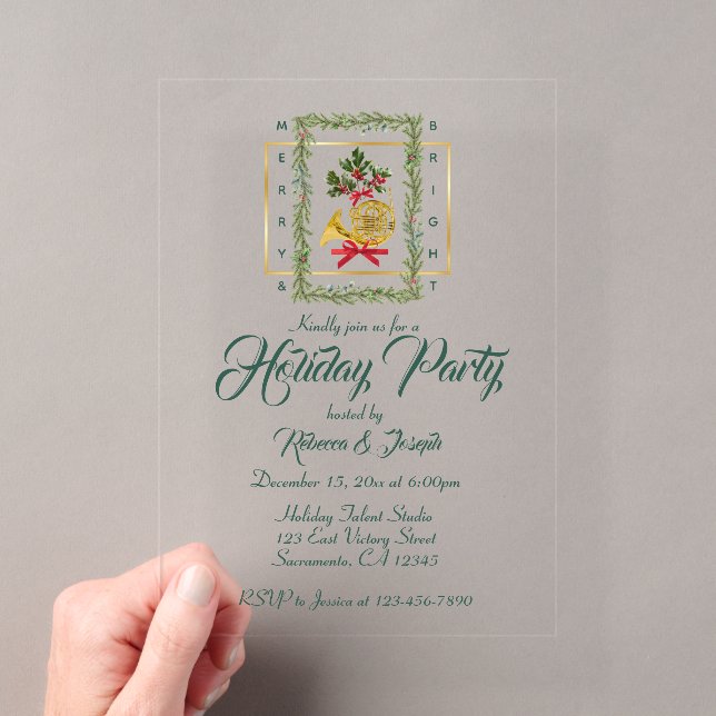 Elegant French Horn Christmas Dark Green Acryleinladungen (Insitu (Handheld))