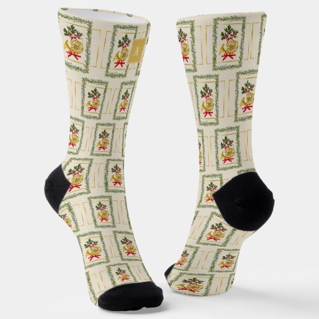 Elegant French Horn Christmas Irish Cream Monogram Socken (Gewinkelt)