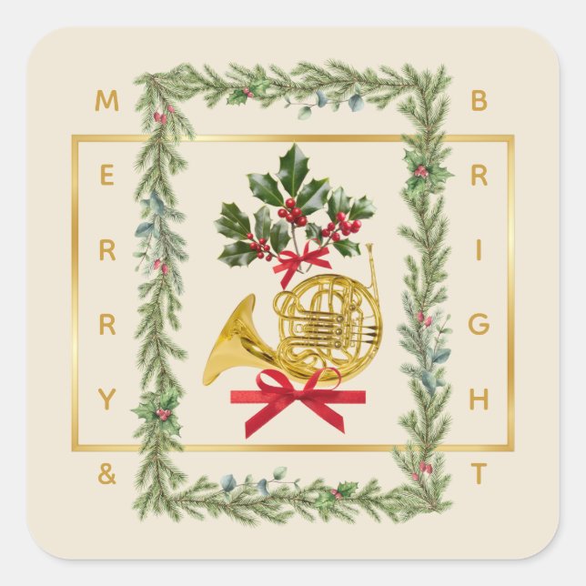 Elegant French Horn Christmas Irish Cream Quadratischer Aufkleber (Vorderseite)