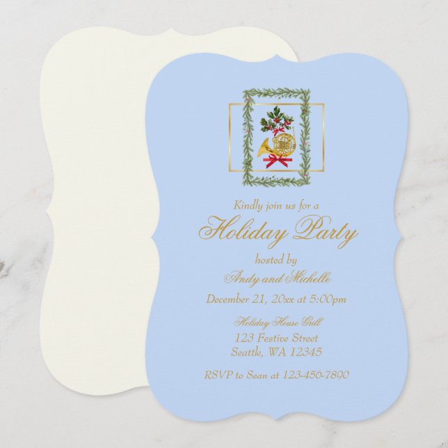 Elegant French Horn Christmas Light Blue Flat Card (Vorne/Hinten)