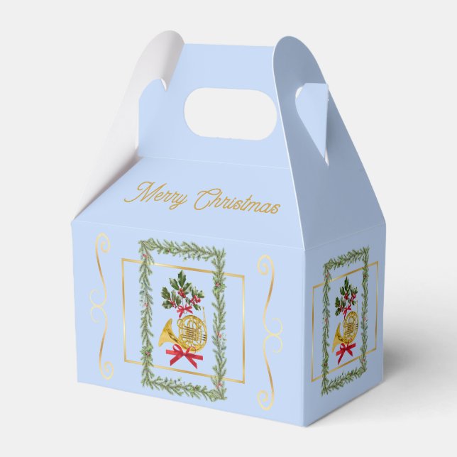Elegant French Horn Christmas Light Blue Geschenkschachtel (Vorderseite)