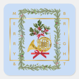 Elegant French Horn Christmas Light Blue Quadratischer Aufkleber