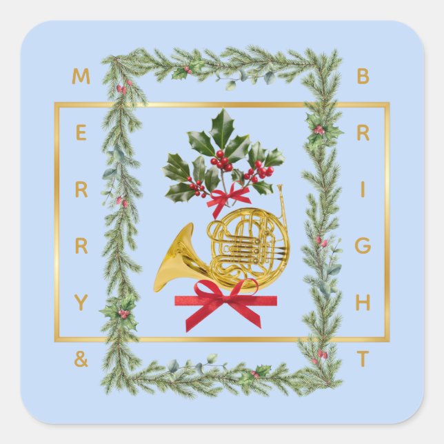 Elegant French Horn Christmas Light Blue Quadratischer Aufkleber (Vorderseite)