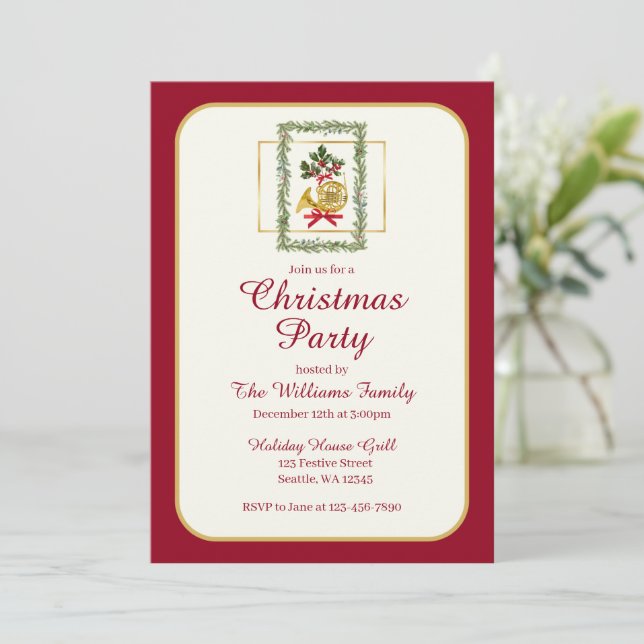 Elegant French Horn Christmas Maroon Einladung (Stehend Vorderseite)