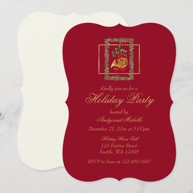 Elegant French Horn Christmas Maroon Flat Card (Vorne/Hinten)