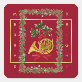 Elegant French Horn Christmas Maroon Quadratischer Aufkleber