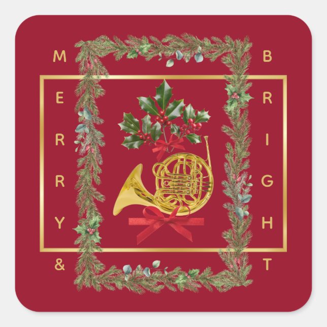 Elegant French Horn Christmas Maroon Quadratischer Aufkleber (Vorderseite)