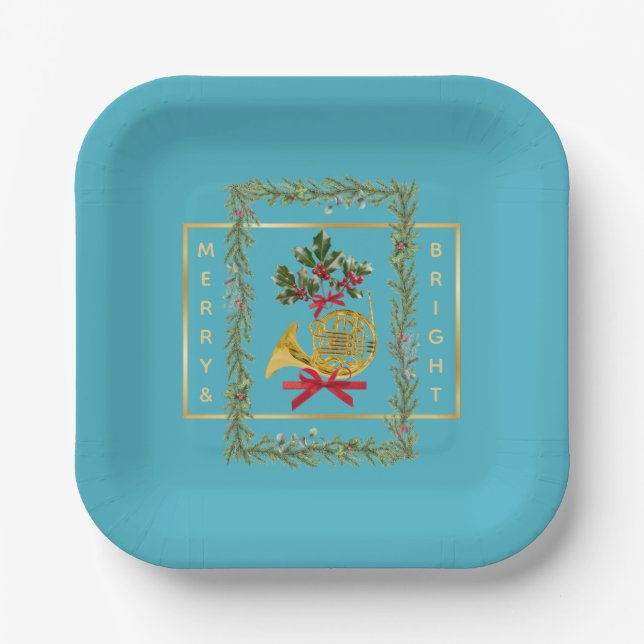 Elegant French Horn Christmas Turquoise Pappteller (Vorderseite)