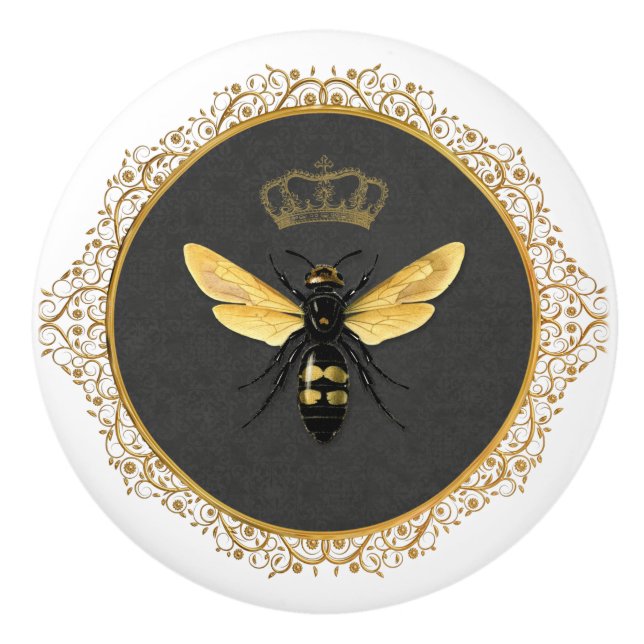 Elegant French Queen Bee Gray Gold Yellow Keramikknauf (Vorderseite)