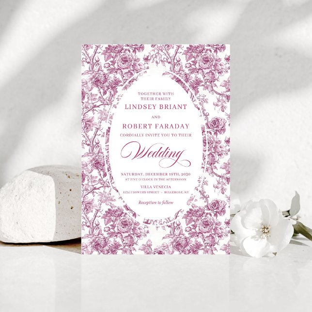 Elegant French Toile Rose Pattern Wedding Invite Einladung (Elegant French Toile Rose Pattern Wedding Invitation)