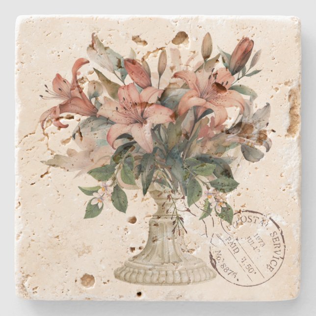 Elegant french watercolor flowers with stamp  steinuntersetzer (Vorderseite)