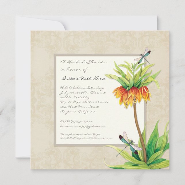 Elegant Fritillaria n Dragonfly Brautparty Einladung (Vorderseite)