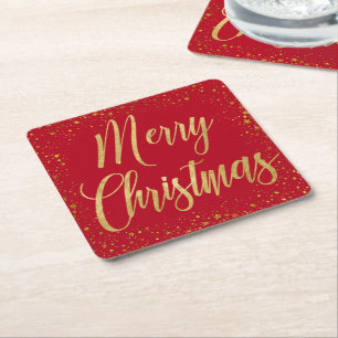 Elegant Frohe Weihnachten Rote und Gold-Script-Sta Rechteckiger Pappuntersetzer