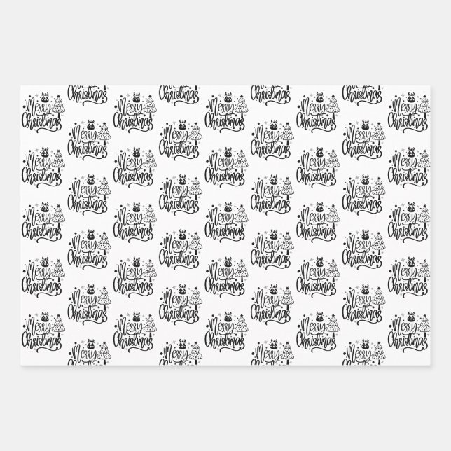 Elegant Frohe Weihnachten Schwarz-weißes Geschenk Geschenkpapier Set (Vorderseite)
