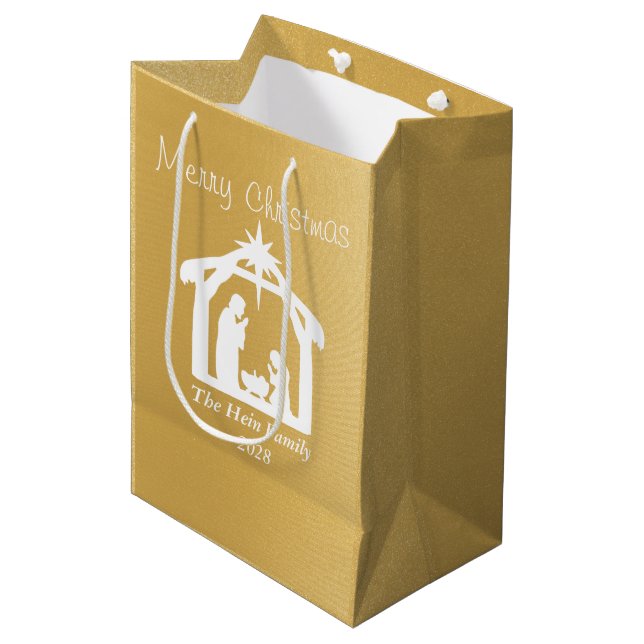 Elegant Frohe Weihnachten White Gold Krippe Mittlere Geschenktüte (Vorderseite Schrägansicht)