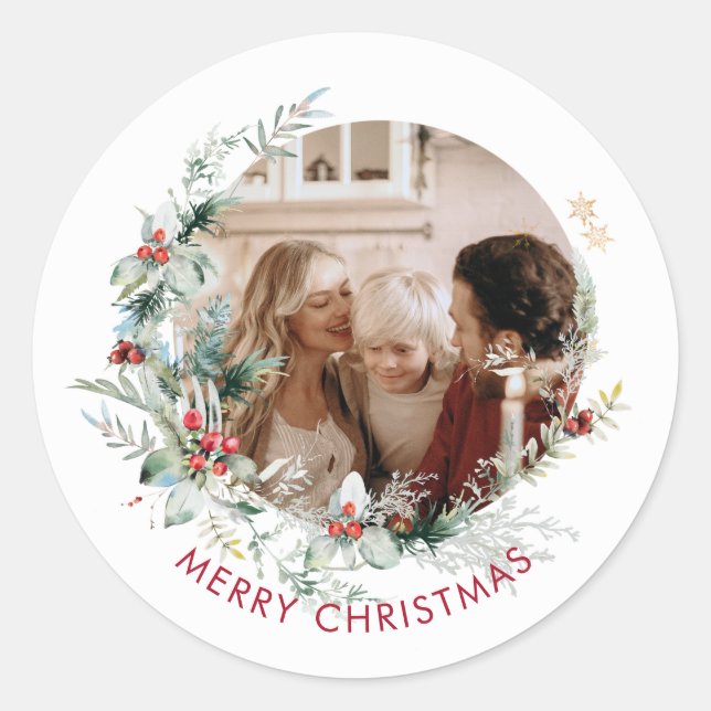Elegant Frohe Weihnachtskranz Foto Classic Roun Runder Aufkleber (Vorderseite)