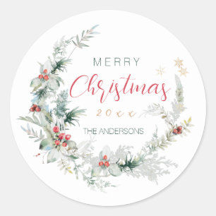 Elegant Frohe Weihnachtskranz Wasserfarbe Runder Aufkleber