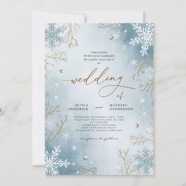 Elegant Frost Blue Winter Botanical Wedding Einladung (Vorderseite)