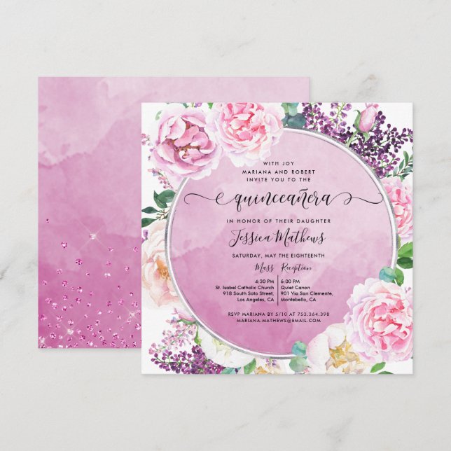 Elegant Fuchsia Floral, Aquarellfarben Quinceñera Einladung (Vorne/Hinten)