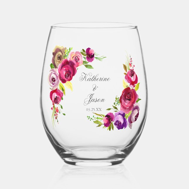 Elegant Fuchsia Pink Floral Wedding Keepake Weinglas Ohne Stiel (Vorderseite)