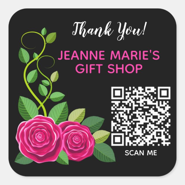 Elegant Fuchsia Pink Rose Blume Danke QR Code Quadratischer Aufkleber (Vorderseite)