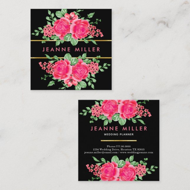 Elegant Fuchsia Pink Rose Blume Hochzeitsplaner Quadratische Visitenkarte (Vorne/Hinten)