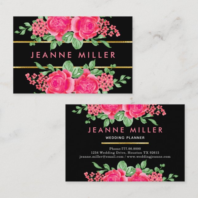 Elegant Fuchsia Pink Rose Blume Hochzeitsplaner Visitenkarte (Vorne/Hinten)