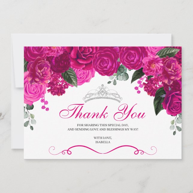 Elegant Fuchsia Pink Silver Floral Quinceanera Dankeskarte (Vorderseite)