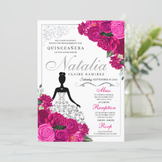 Elegant Fuchsia Pink Silver Floral Quinceanera Einladung