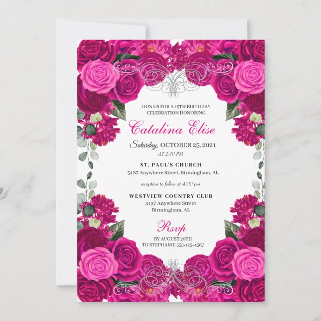 Elegant Fuchsia Pink Silver Floral Quinceanera in Einladung (Rückseite)