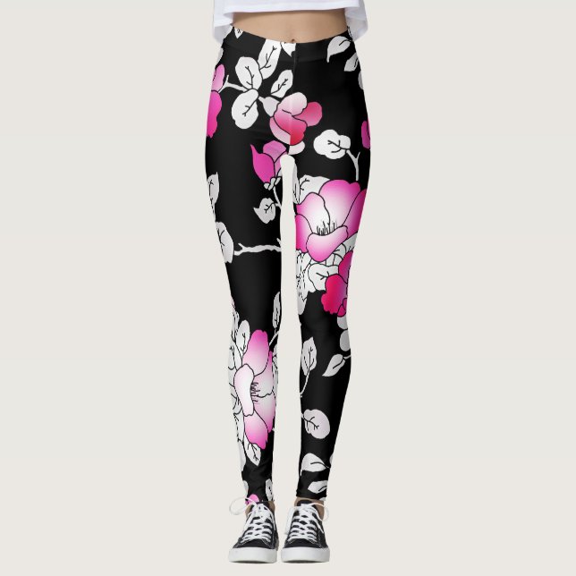 Élégant Fuchsia Rose Blanc noir Leggings floraux (Devant)