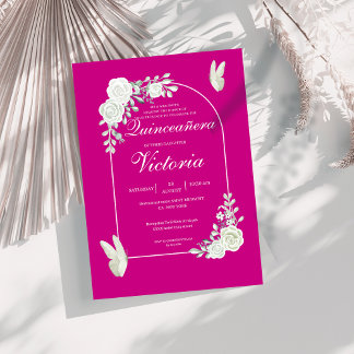 Elegant Fuchsia White Roses Butterfly Quinceañera Einladung