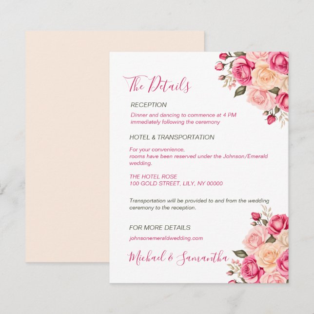 Elegant Fucia Pink und Elfenbeinküste Rose Hochzei Begleitkarte (Vorne/Hinten)