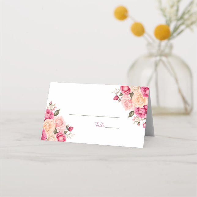Elegant Fucia Pink und Elfenbeinküste Rose Hochzei Platzkarte (Rückseite)