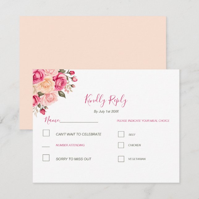 Elegant Fucia Pink und Elfenbeinküste Rose Hochzei RSVP Karte (Vorne/Hinten)