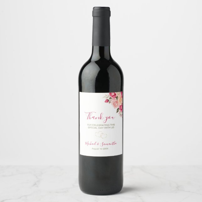 Elegant Fucia Pink und Elfenbeinküste Rose Hochzei Weinetikett (Vorderseite)
