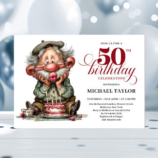 Elegant Funny Man 50th Birthday Humor Cartoon  Einladung