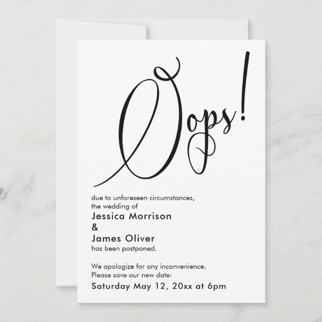Elegant Funny "Oops!" Verspätete Hochzeitskarte Einladung (Vorderseite)