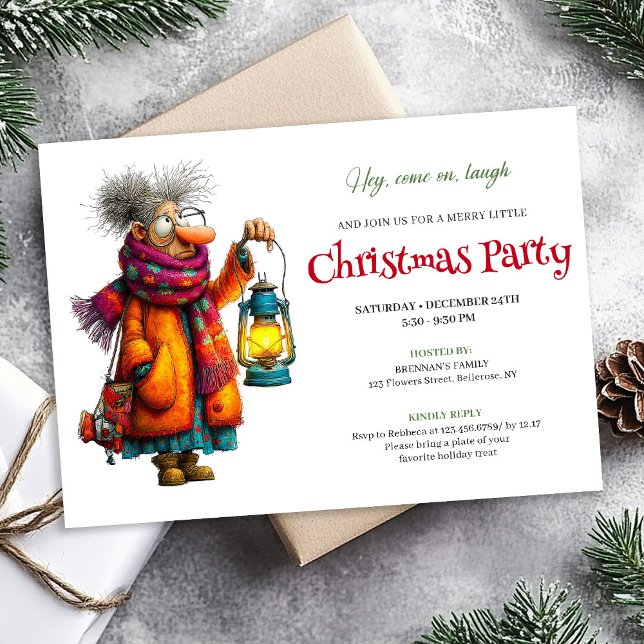 Elegant Funny Woman Comic Christmas Editable  Einladung (Festive Funny Woman Editable Christmas Invite Digital)