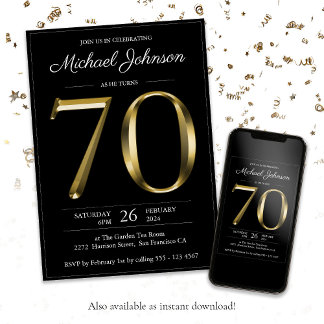 Elegant für ihn Gold Black 70. Geburtstag Einladung