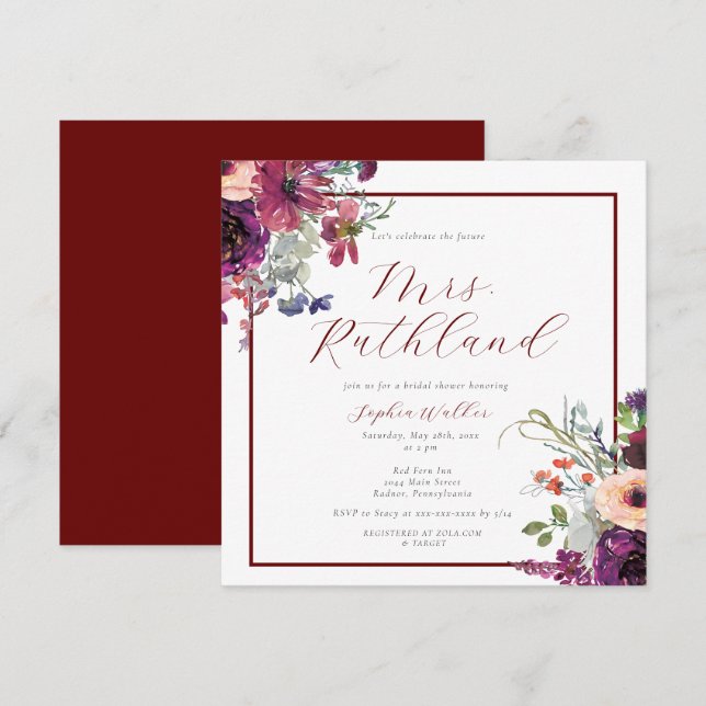 Elegant Future Mrs Burgundy Floral Brautparty Einladung (Vorne/Hinten)